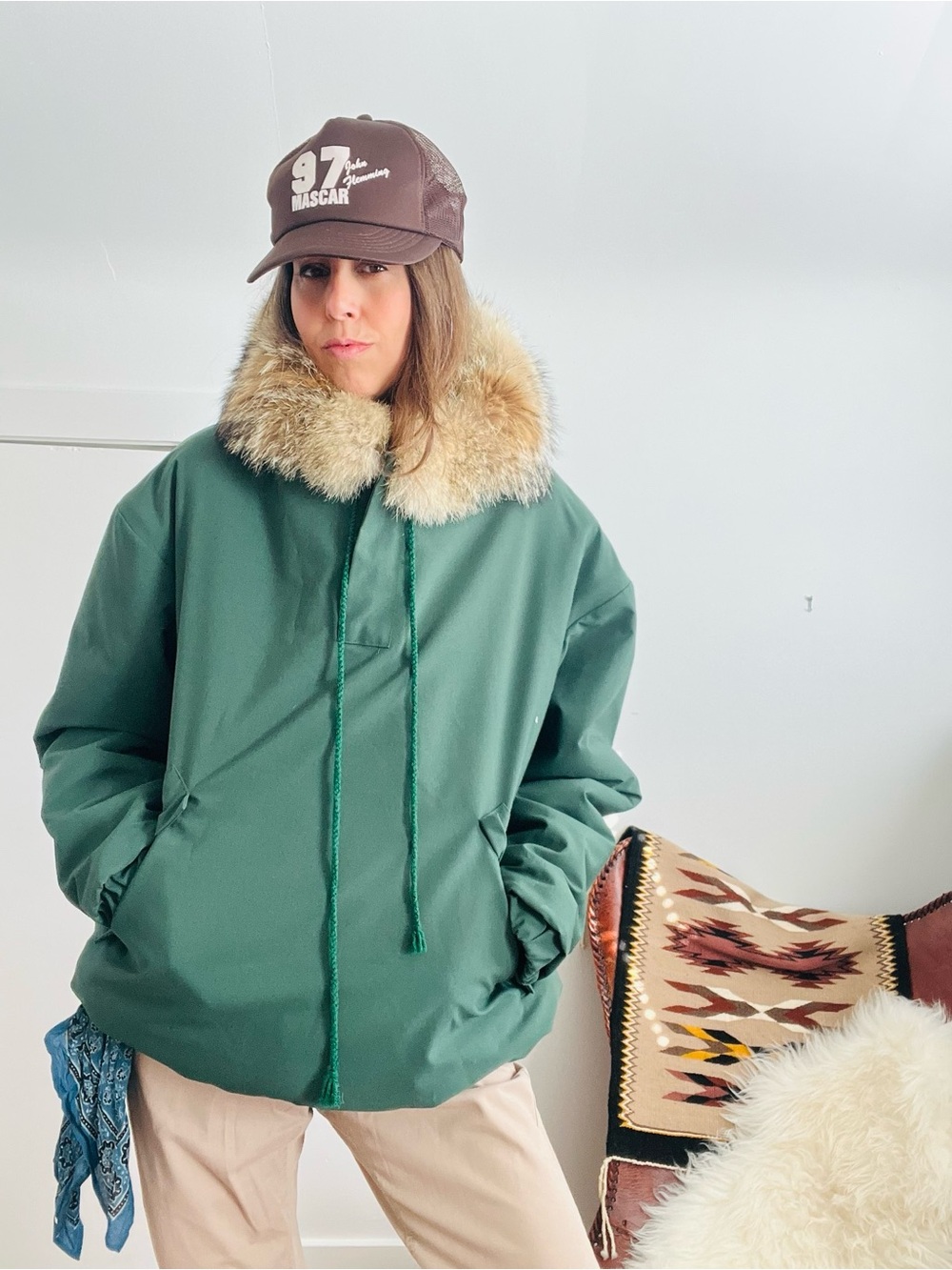 Vintage Forest Green Ski Jacket with Fur Collar